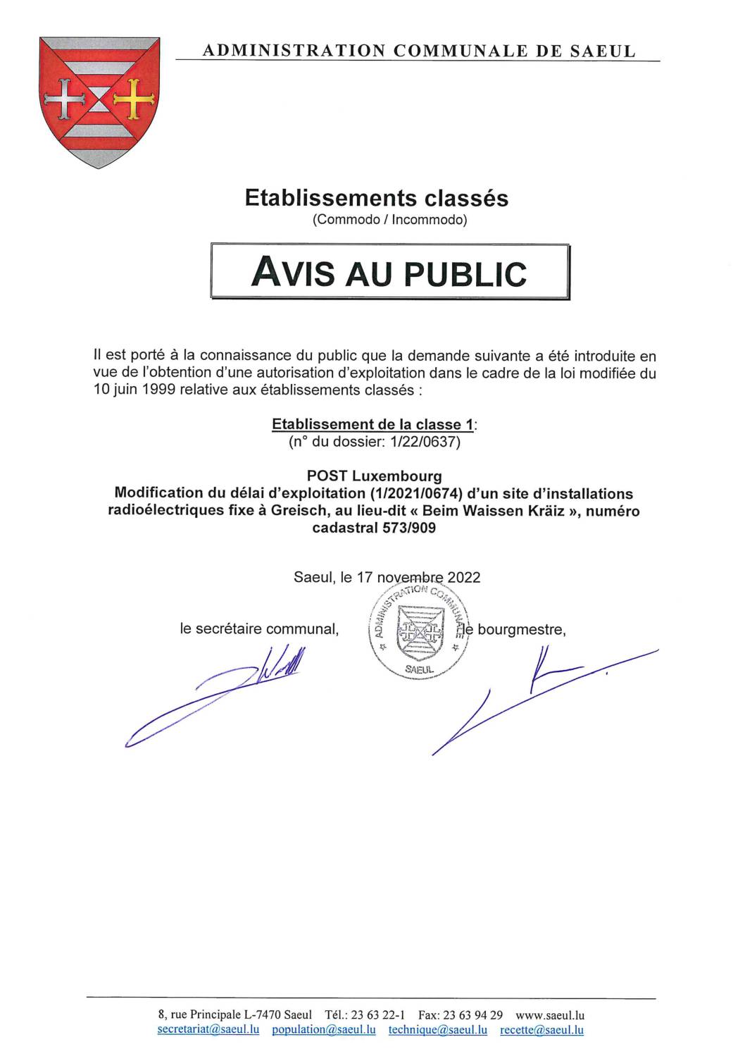 Avis au public – Etablissements classés – introduction d'une demande Post Luxembourg (n° 1/22/0637)