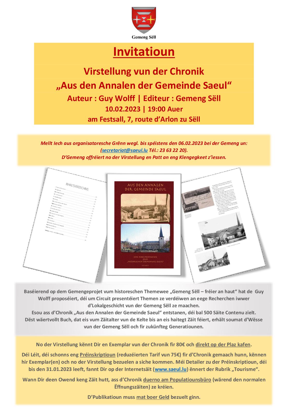 Invitation à la présentation du livre historique "Aus den Annalen der Gemeinde Saeul" | 10/02/2023 - 19h00