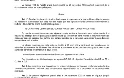 Règlement ministériel du 25 novembre 2022 concernant la réglementation temporaire de a circulation sur le CR301 entre Calmus et Saeul à l’occasion de travaux routiers
