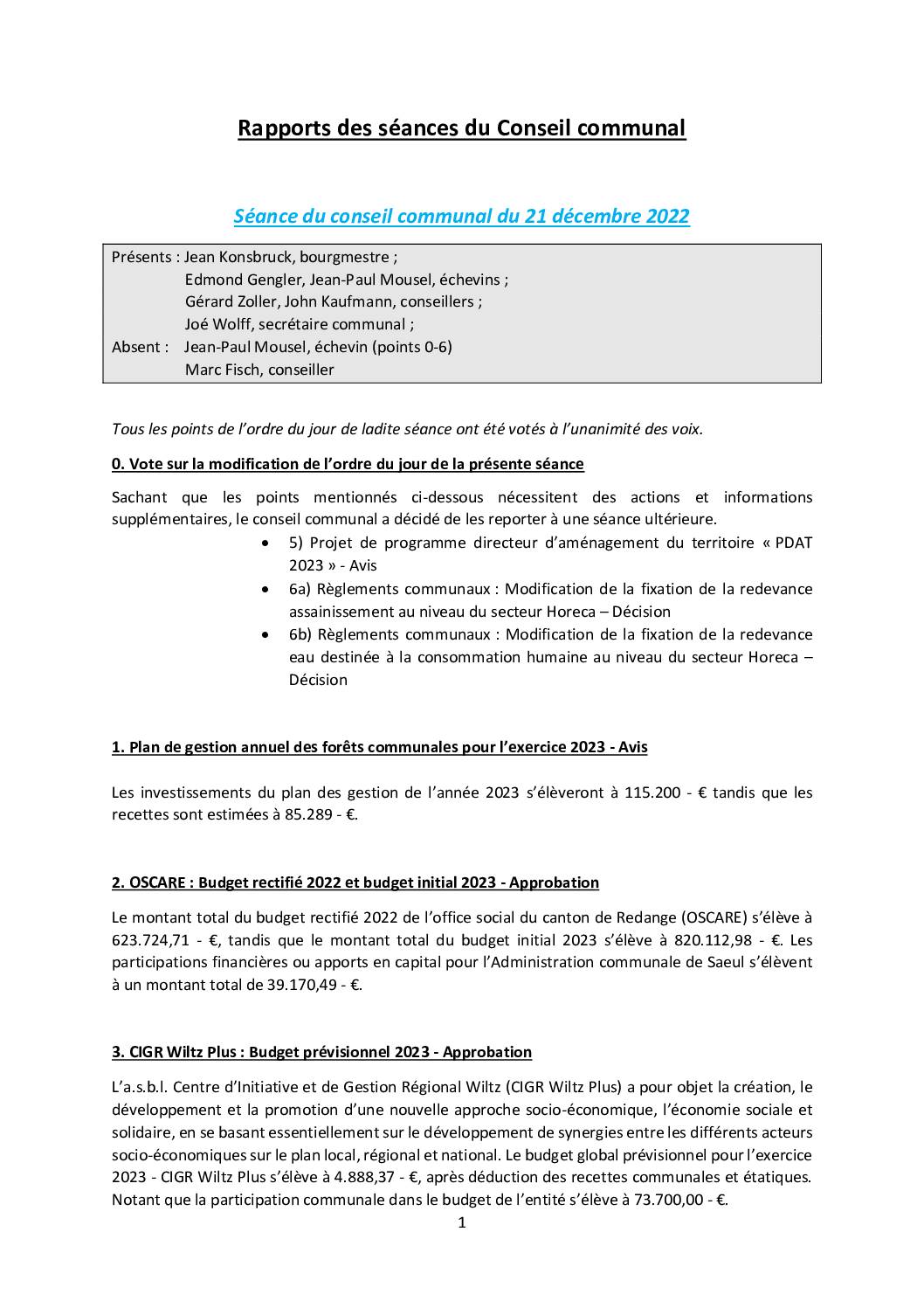 Rapports des séances du conseil communal - Gemengerotsrapporten (21.12.2022 + 18.01.2023)