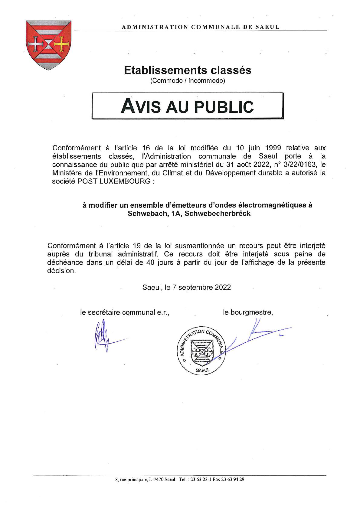 Avis au public – Etablissements classés – arrêté ministériel du 31 août 2022 (n° 3/22/0163)