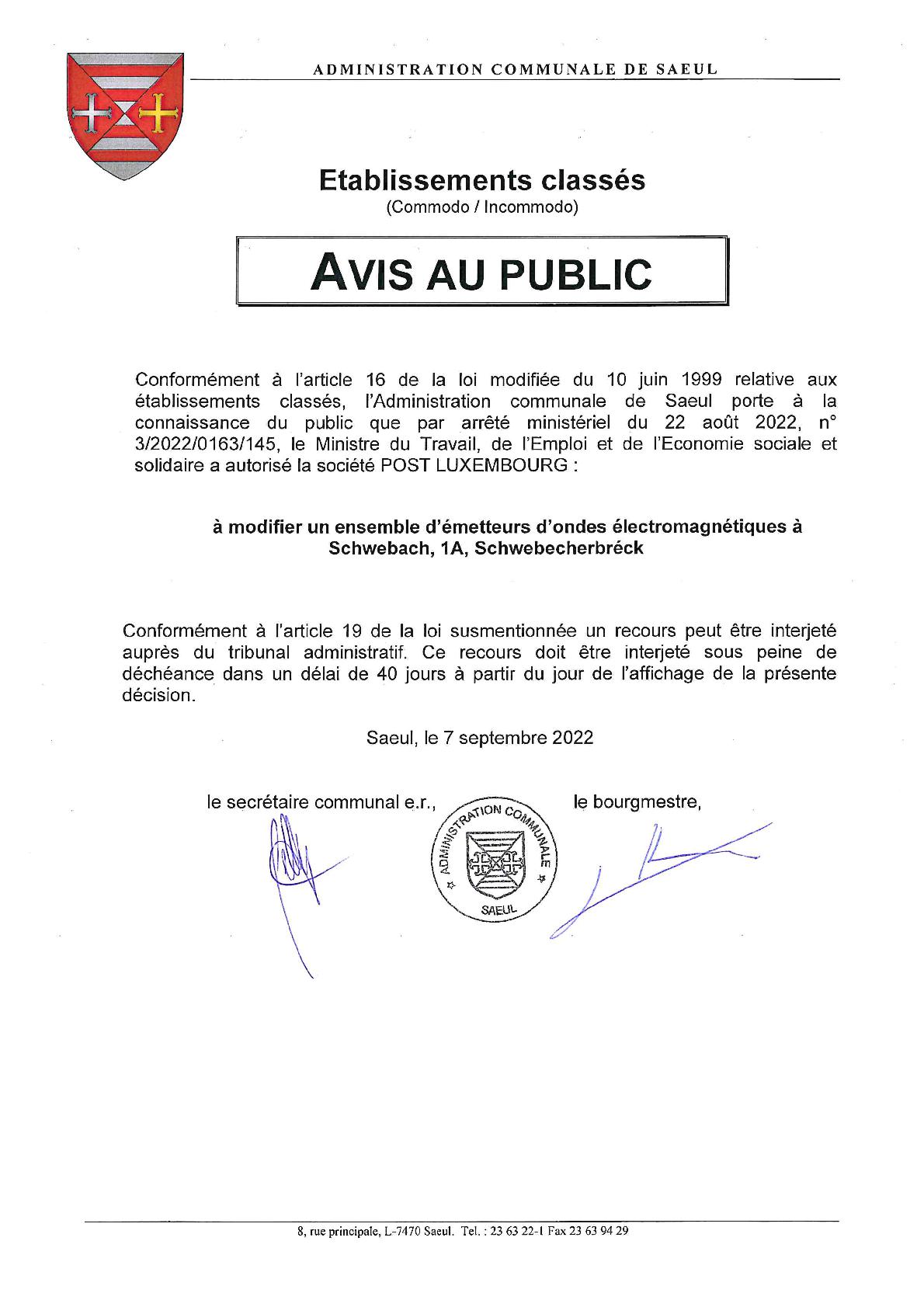 Avis au public – Etablissements classés – arrêté ministériel du 22 août 2022 (n° 3/2022/0163/145)