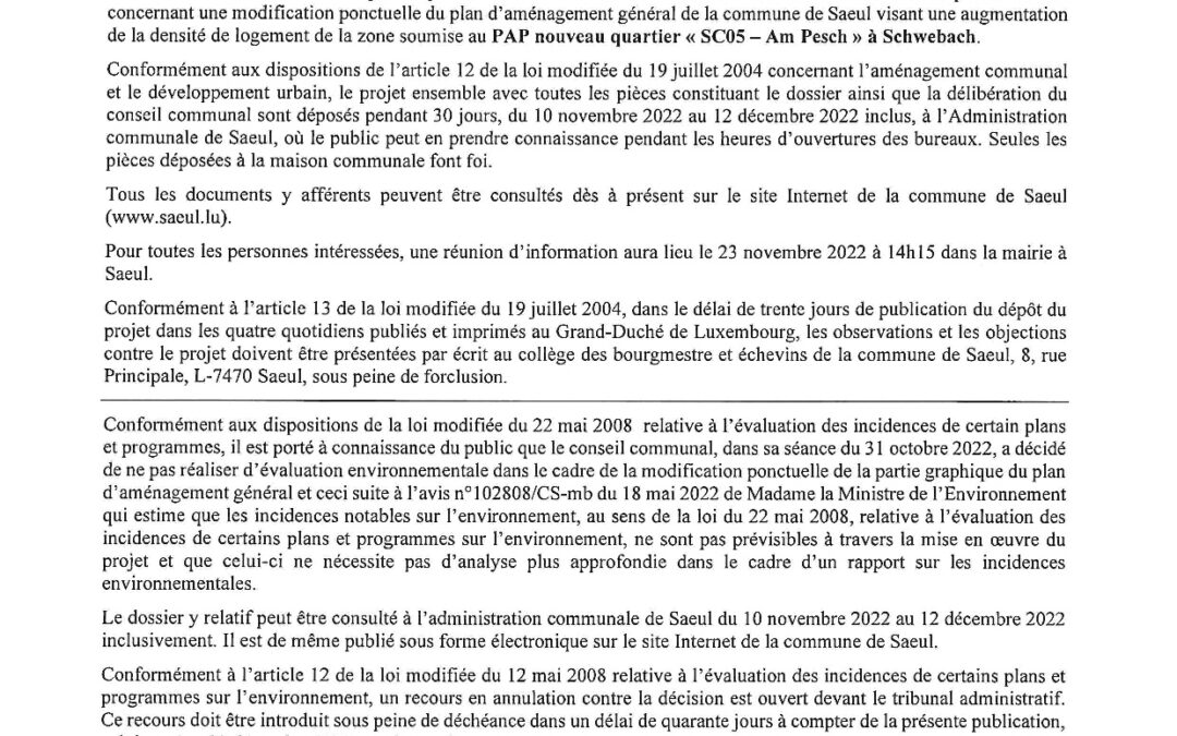 Avis au public – Modification ponctuelle du Plan d’aménagement général (PAG) de la commune de Saeul « PAP NQ – SCO5 Am Pesch »