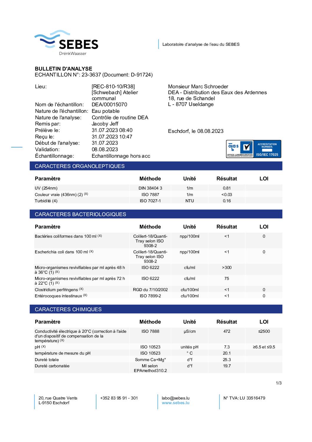 Analyse d'eau potable DEA - 31.07.2023 | REC-810-10/R38, Schwebach - Atelier communal