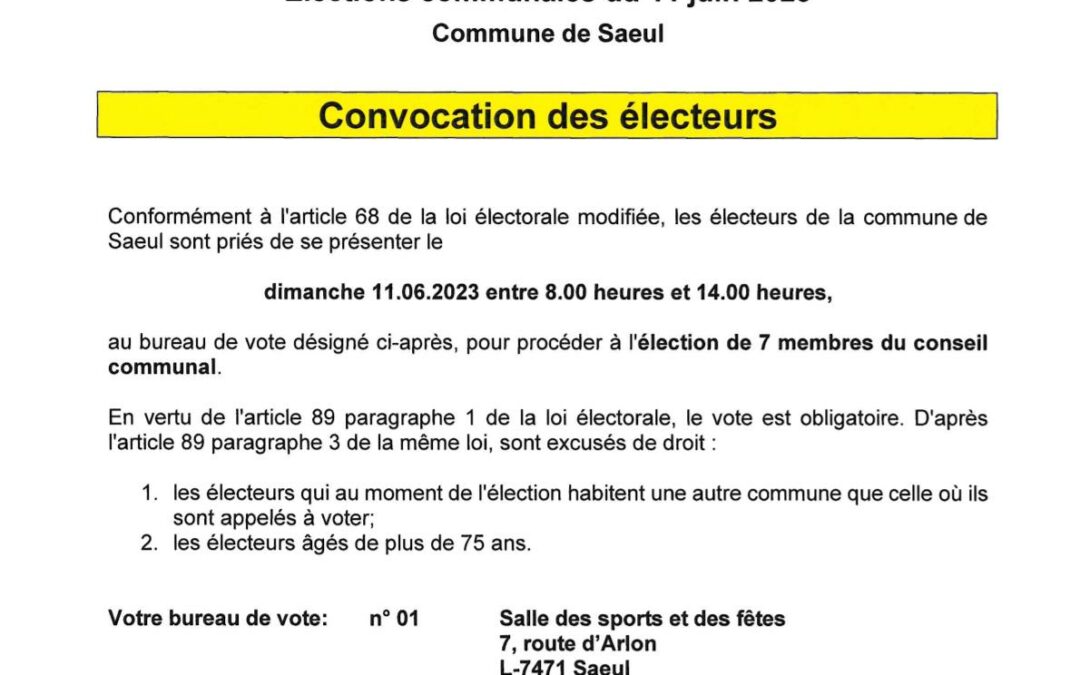 Convocation aux électeurs – Elections communales du 11 juin 2023
