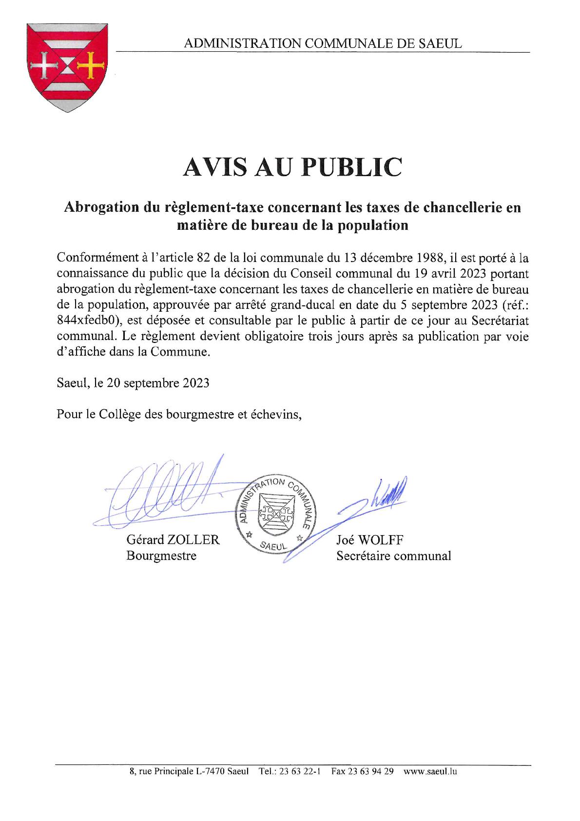 AVIS AU PUBLIC | Abrogation du règlement-taxe concernant les taxes de chancellerie en matière de bureau de la population
