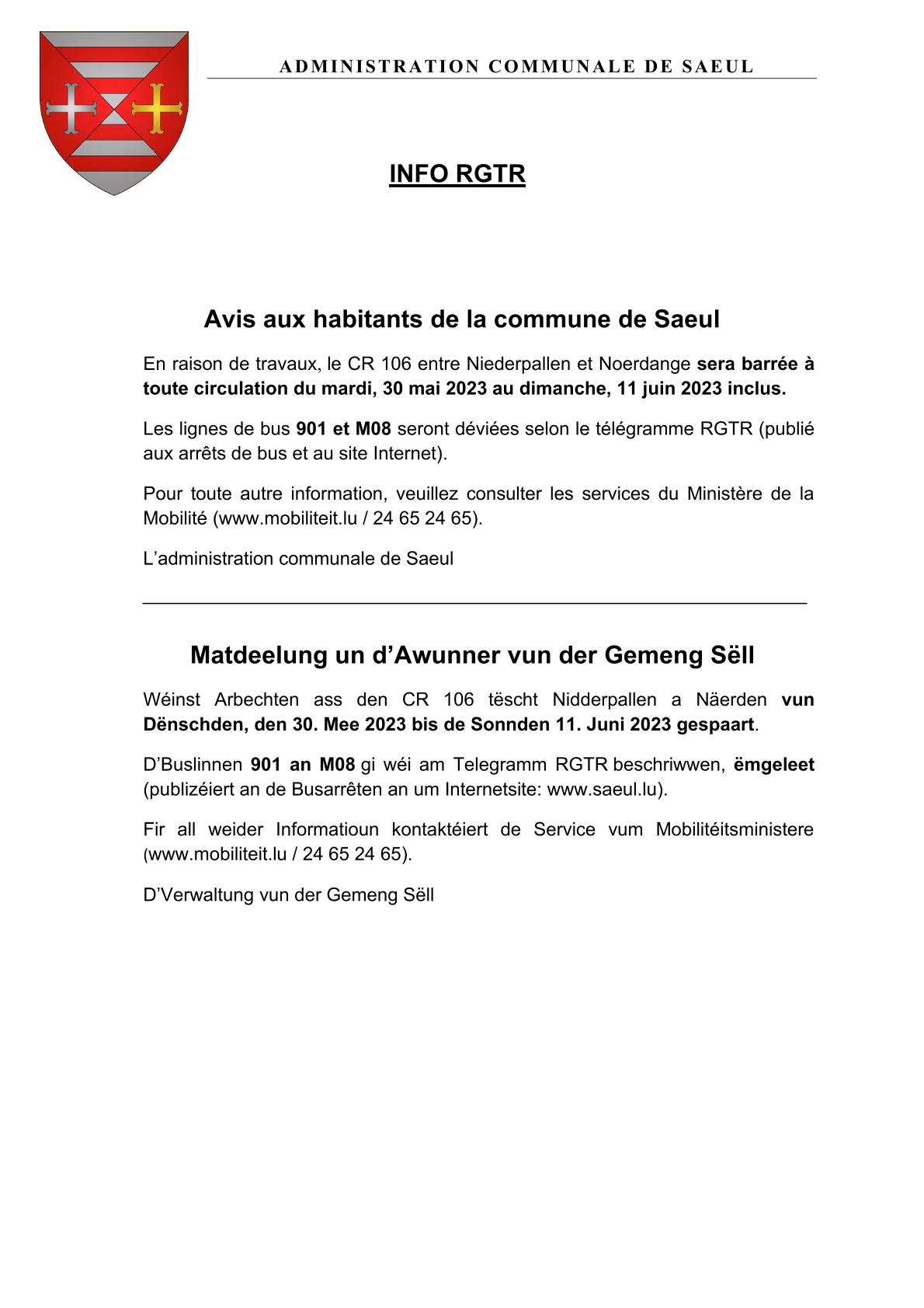 INFO RGTR | Répercussions sur les lignes 901 et M08 en raison des travaux entre Niederpallen et Noerdange du 30.05.2023 au 11.06.2023
