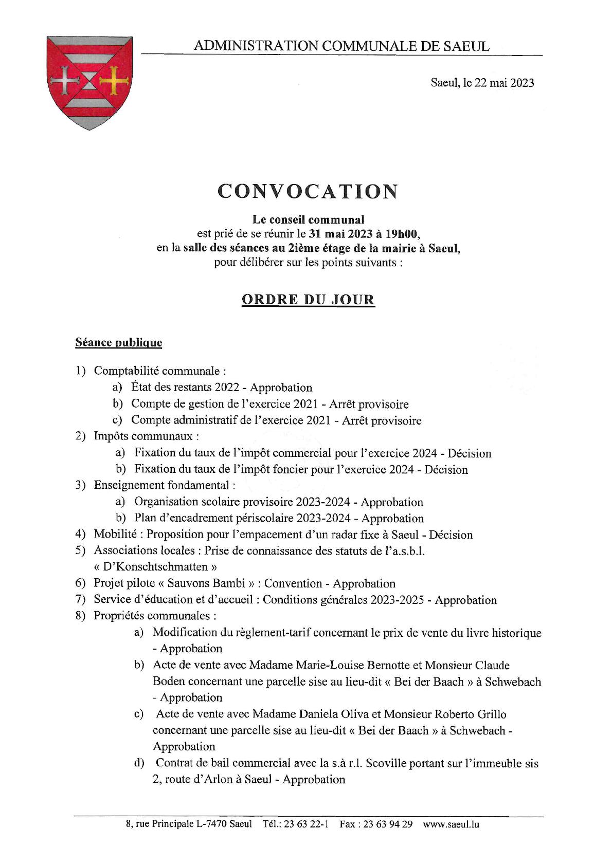 CONVOCATION | Ordre du jour pour la séance publique du conseil communal le 31 mai 2023 à 19h00