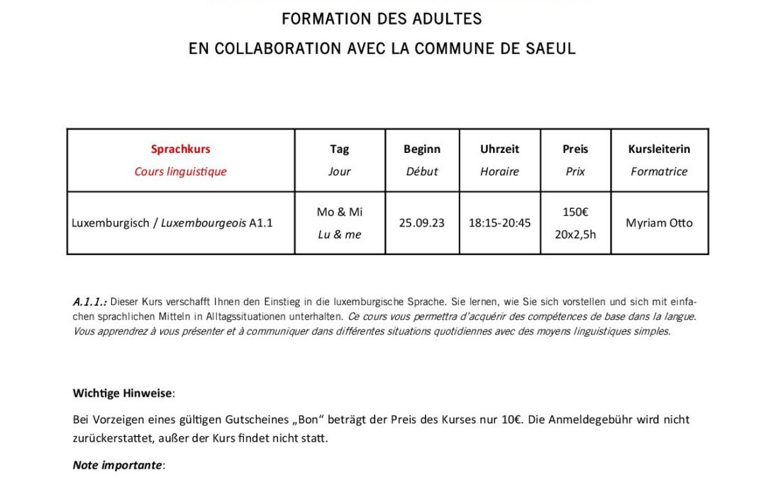 Formation des adultes | Cours linguistique « Luxembourgeois » – à partir du 25 septembre 2023
