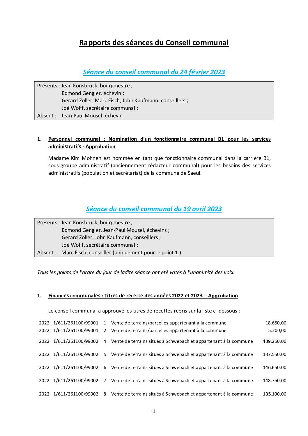 Rapports des séances du conseil communal - Gemengerotsrapporten (24.02.2023 + 19.04.2023)