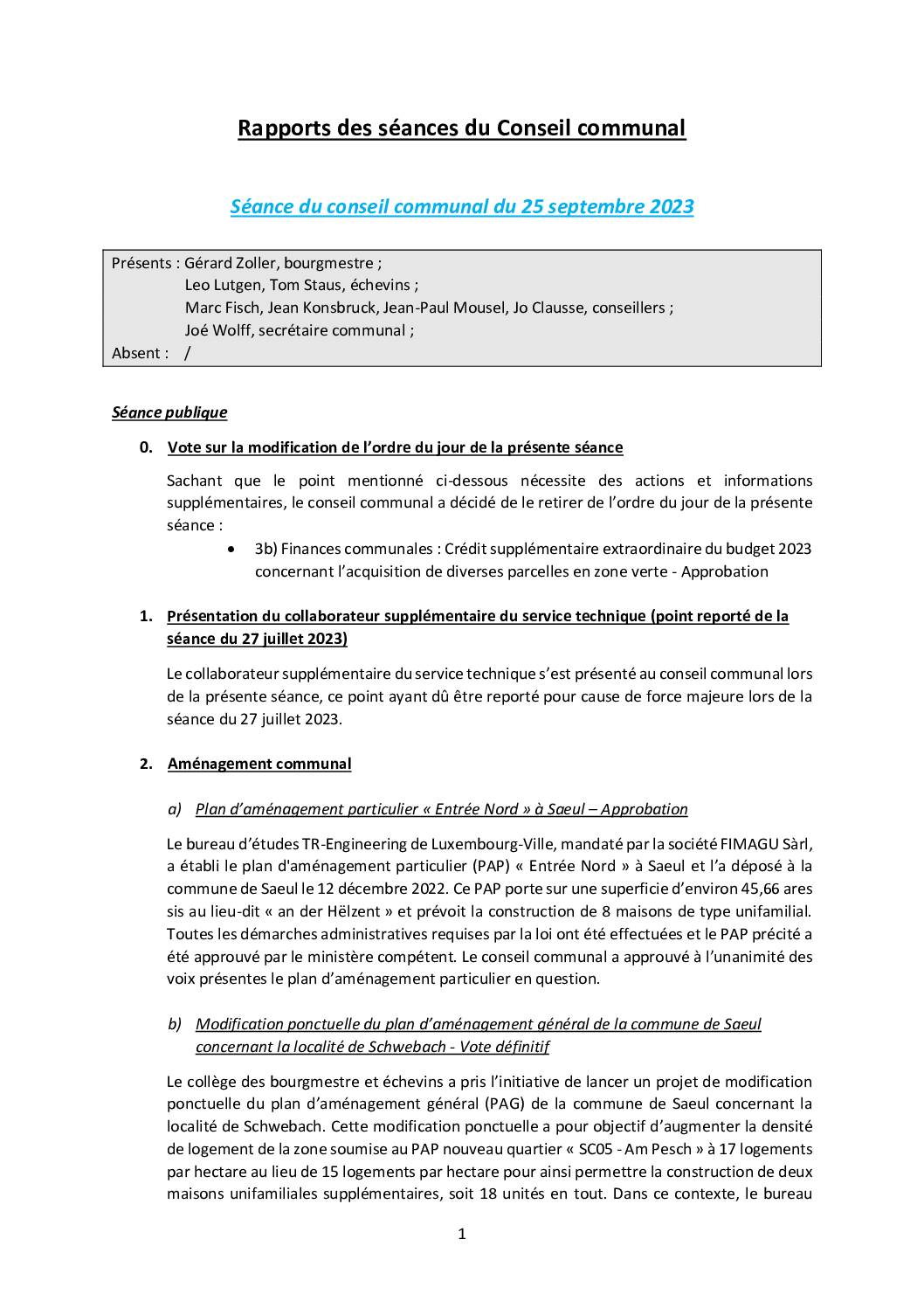 Rapports des séances du conseil communal – Gemengerotsrapporten (25.09.2023)