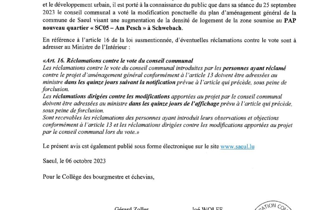 Modification ponctuelle du PAG de la commune de Saeul « PAP NQ – SCO5 Am Pesch »