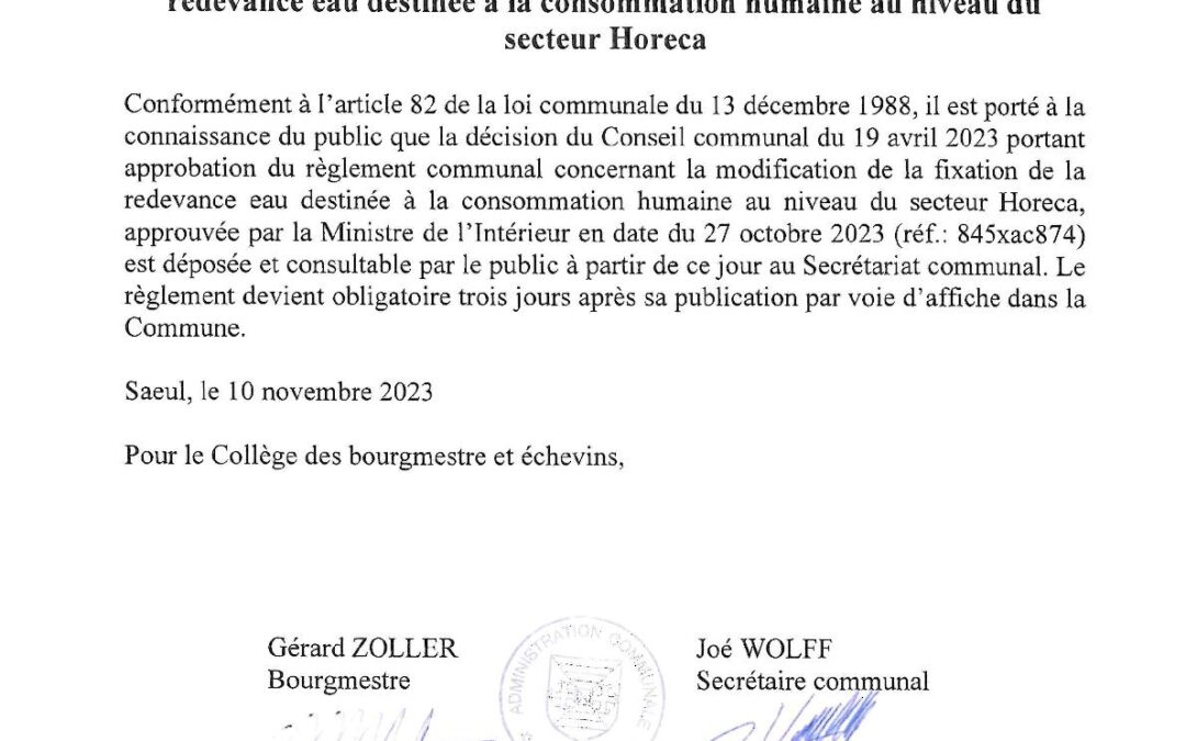 AVIS AU PUBLIC | Règlement communal concernant la modification de la fixation de la redevance eau destinée à la consommation humaine au niveau du secteur HORECA