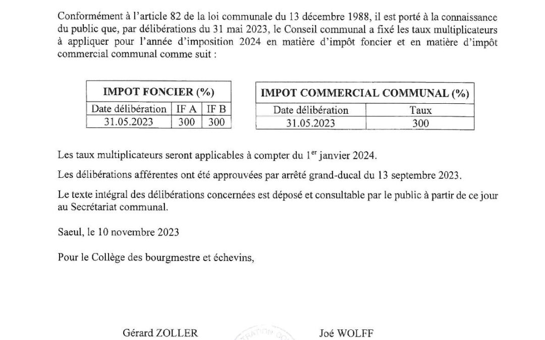 AVIS AU PUBLIC | Fixation des taux multiplicateurs à appliquer pour l’année d’imposition 2024 en matière d’impôt foncier et en matière d’impôt commercial communal