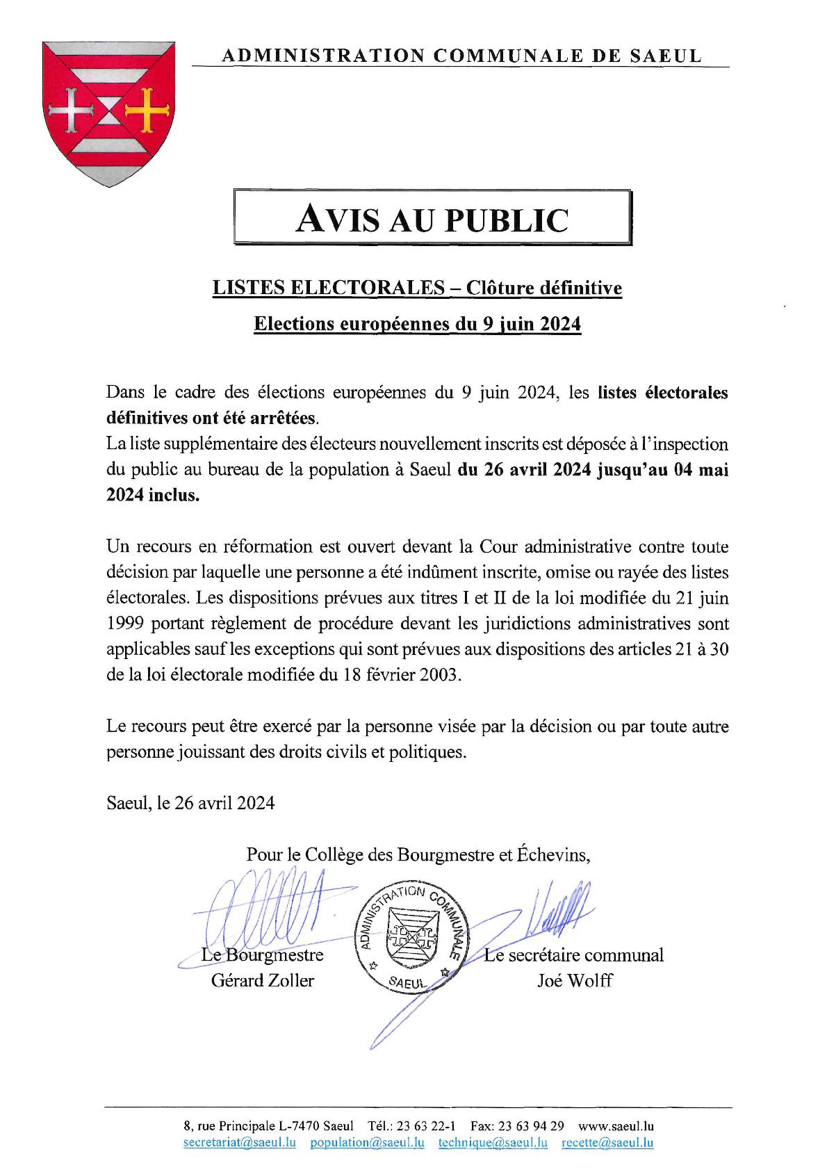 AVIS AU PUBLIC | Élections européennes – Listes électorales définitives arrêtées