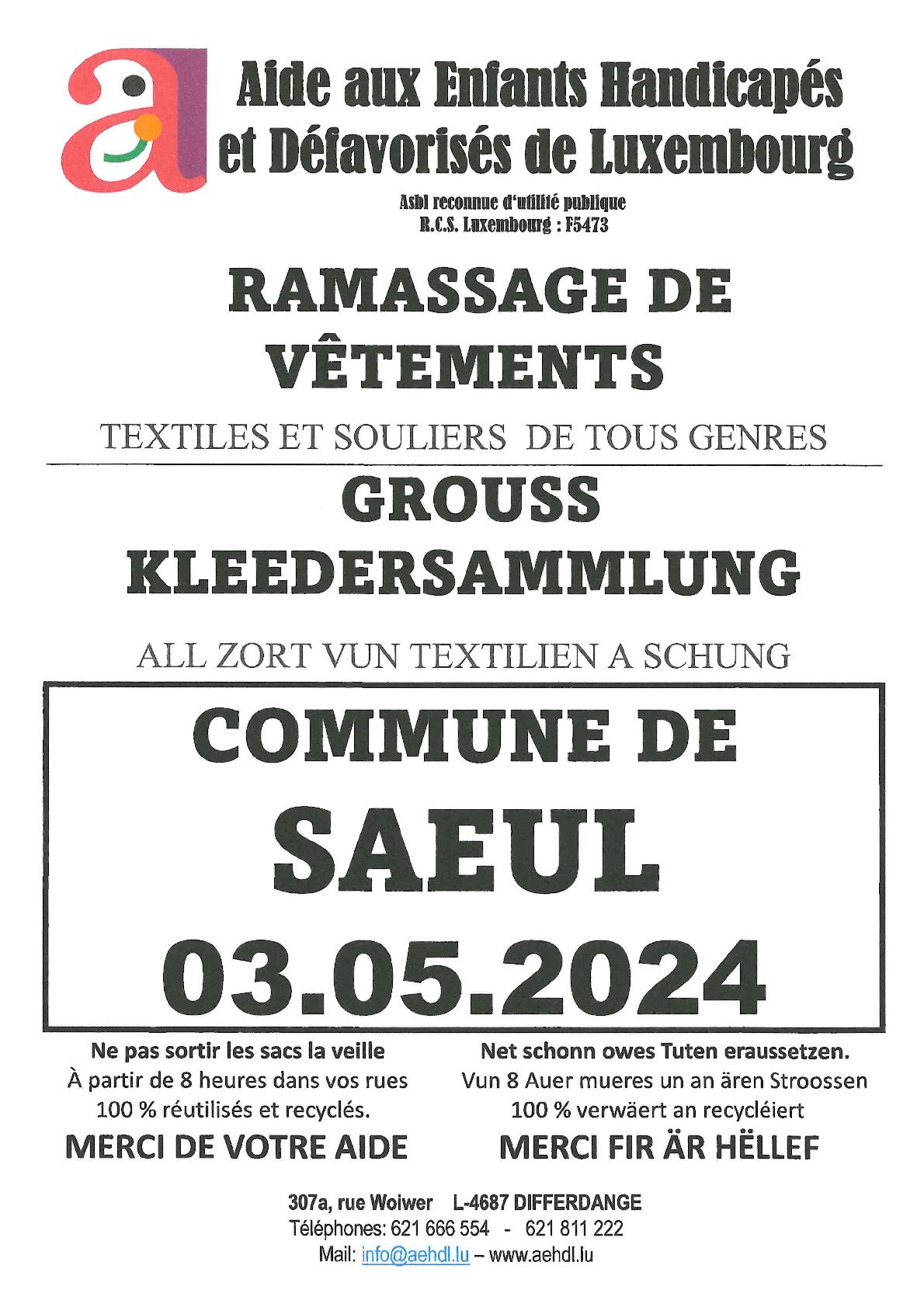 La collecte de vêtements AEHD 2024 | Vendredi, le 03 mai 2024 dans la commune de Saeul !