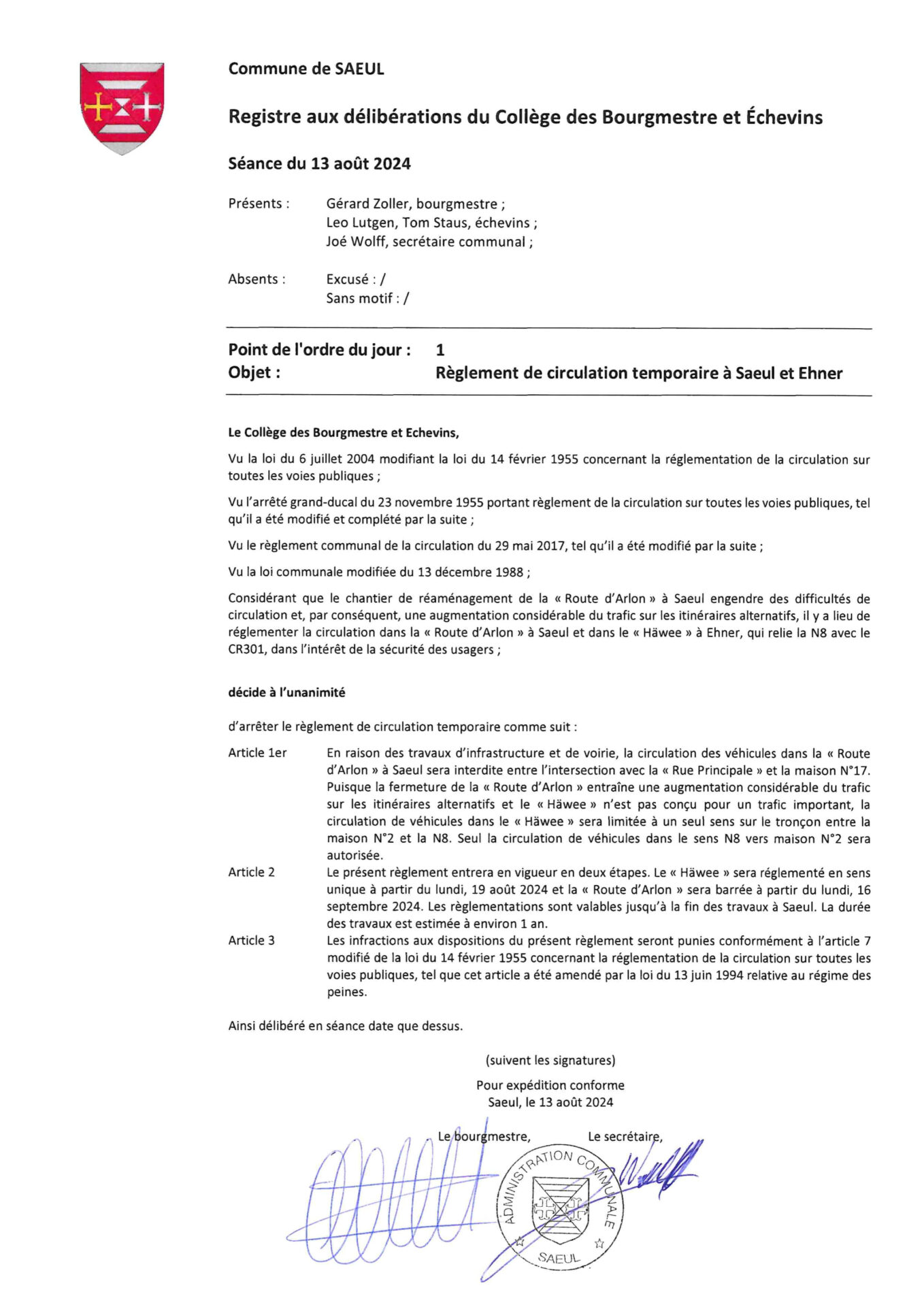 Règlement de circulation temporaire│« Route d'Arlon » à Saeul et « Häwee" à Ehner