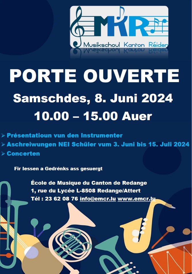 Porte ouverte à l'Ecole de Musique du Canton de Redange le 08 juin 2024 de 10.00 à 15.00 heures