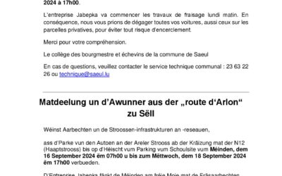 ❗📣Avis aux habitants de la « route d’Arlon » à Saeul !