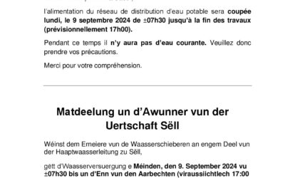 Avis aux habiants du village de Saeul | Coupure eau potable le 09 septembre 2024