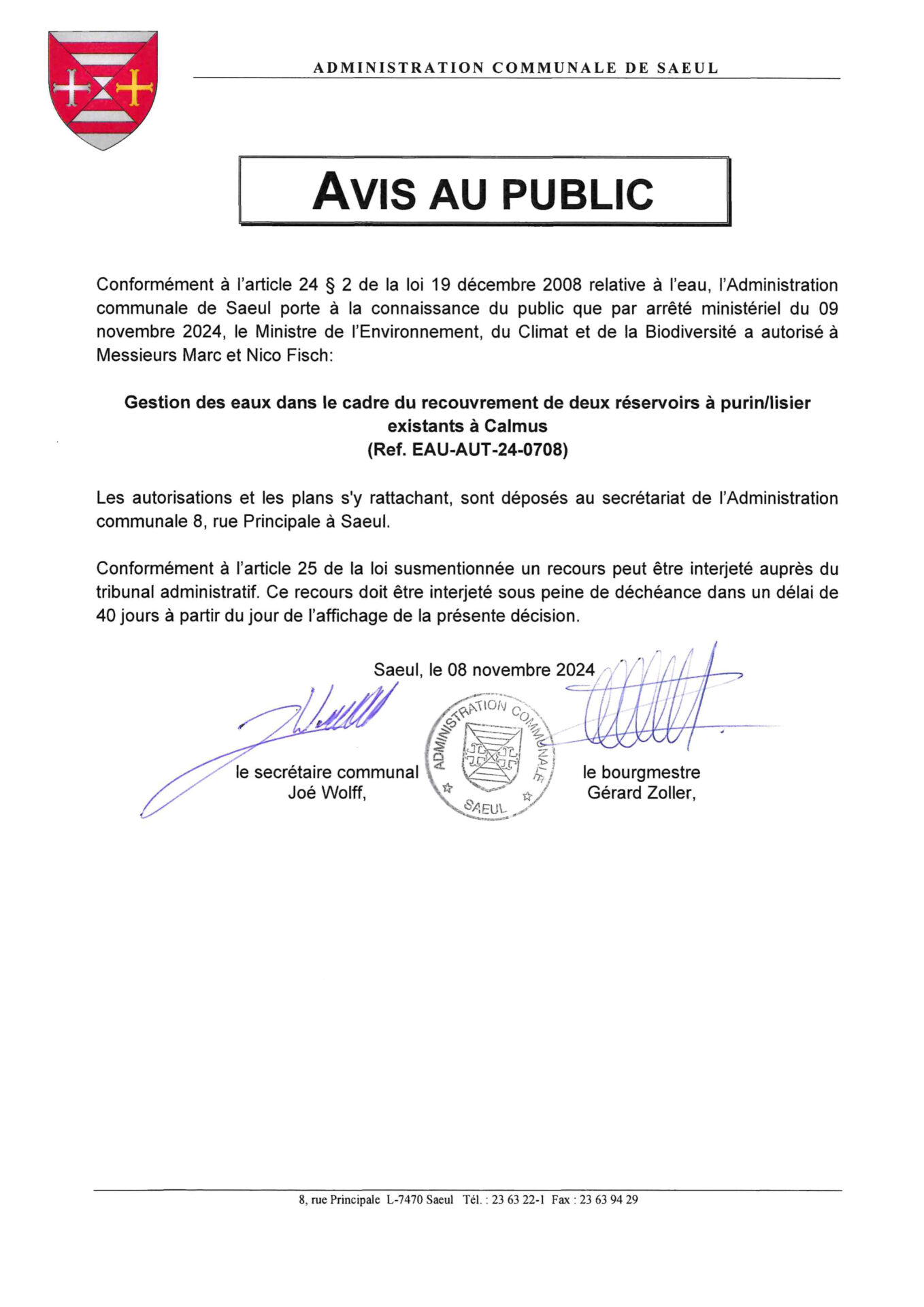 Avis au public │Administration de la gestion de l’eau │Autorisation (Réf.: EAU/AUT/24/0708)