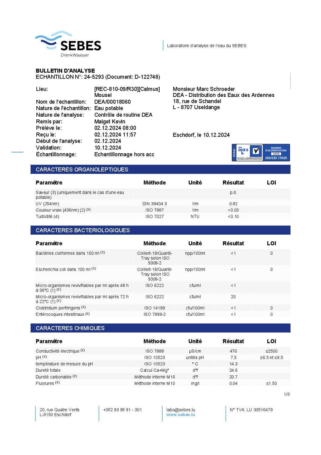 Analyse d'eau potable DEA - 02.12.2024 | REC-810-09/R30, Calmus- Mousel
