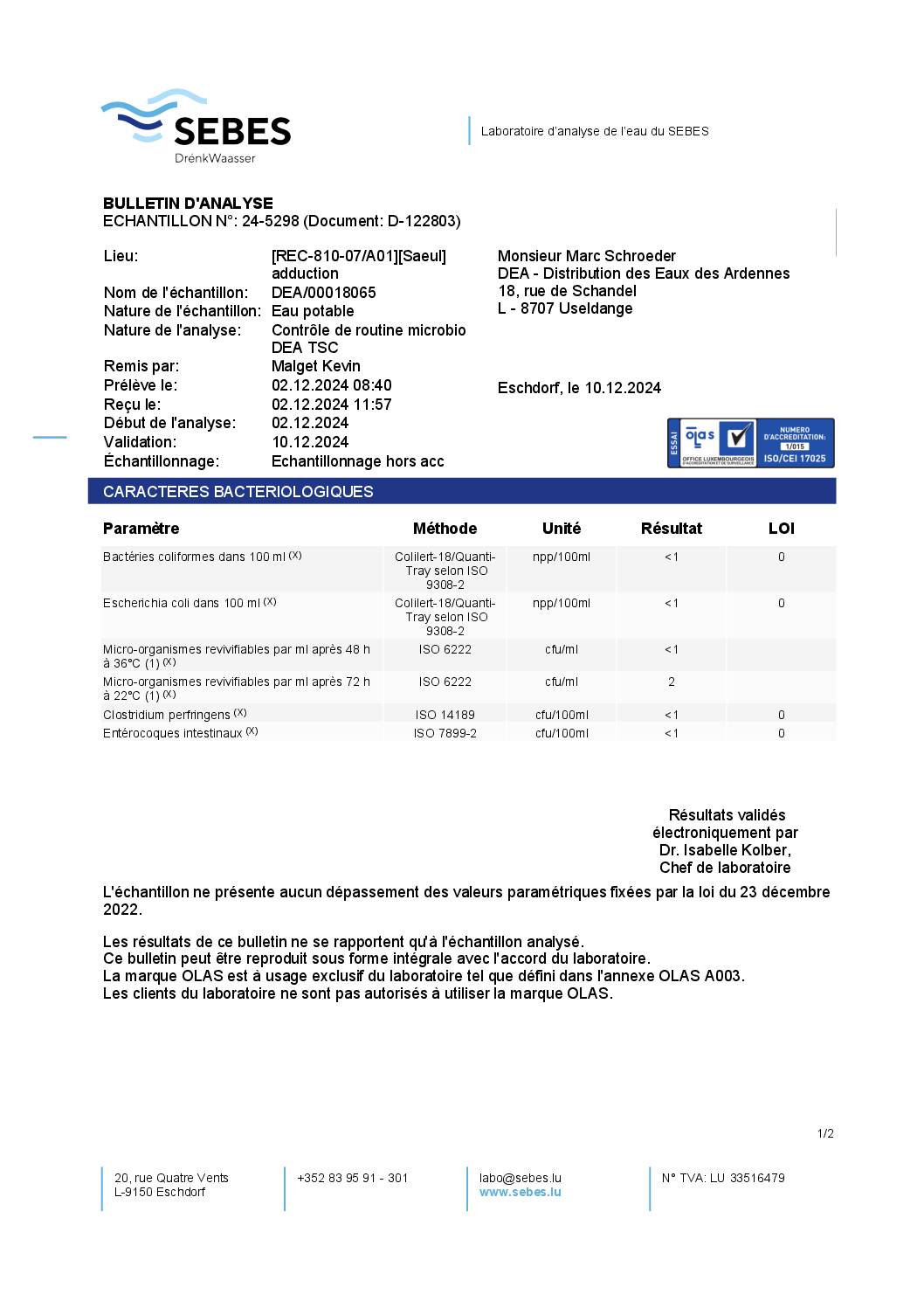Analyse d'eau potable DEA - 02.12.2024 | REC-810-07/A01, Saeul - Adduction