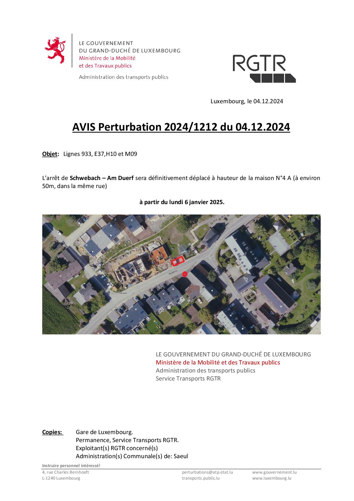 AVIS RGTR | Déplacement définitif de l'arrêt de bus « Schwebach - Am Duerf »