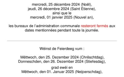 AVIS AU PUBLIC | Jours de fermeture en décembre 2024 et en janvier 2025