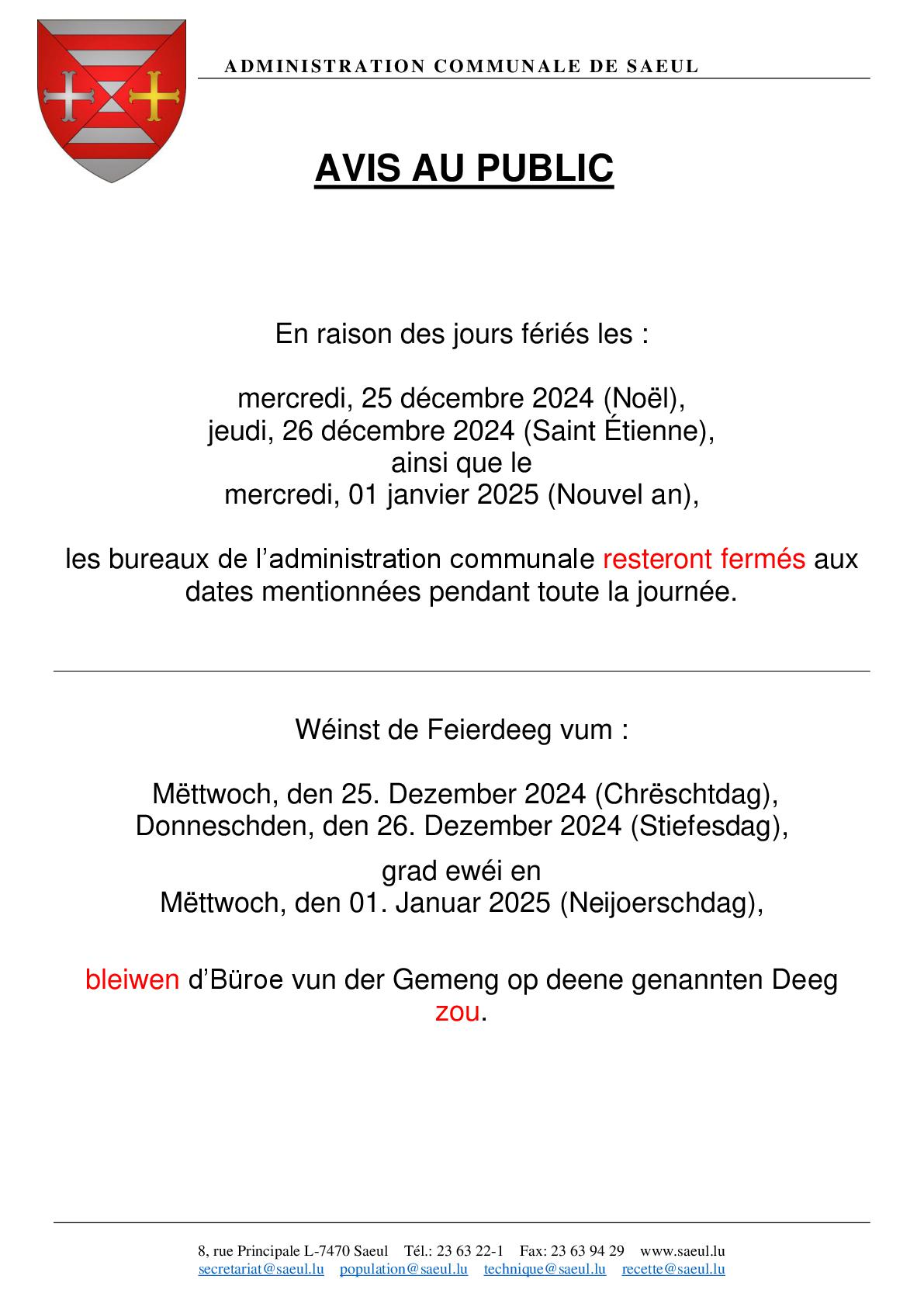 AVIS AU PUBLIC | Jours de fermeture en décembre 2024 et en janvier 2025