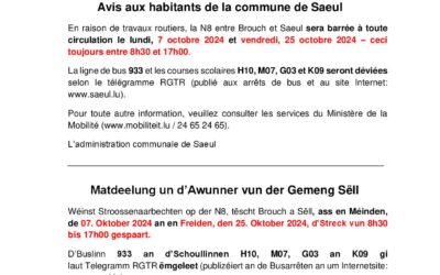 AVIS RGTR | Travaux routiers N8 entre Brouch et Saeul → Route barrée le 07 octobre 2024 et le 25 octobre 2024 de 8h30 à 17h00