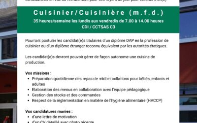 Le Réidener Kanton recrute un/une « Cuisinier/Cuisinière » (35h/semaine, CDI, CCTSAS C3)