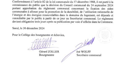 Règlement communal | Aides promotion de la durabilité, de l’utilisation rationnelle de l’énergie dans le domaine du logement