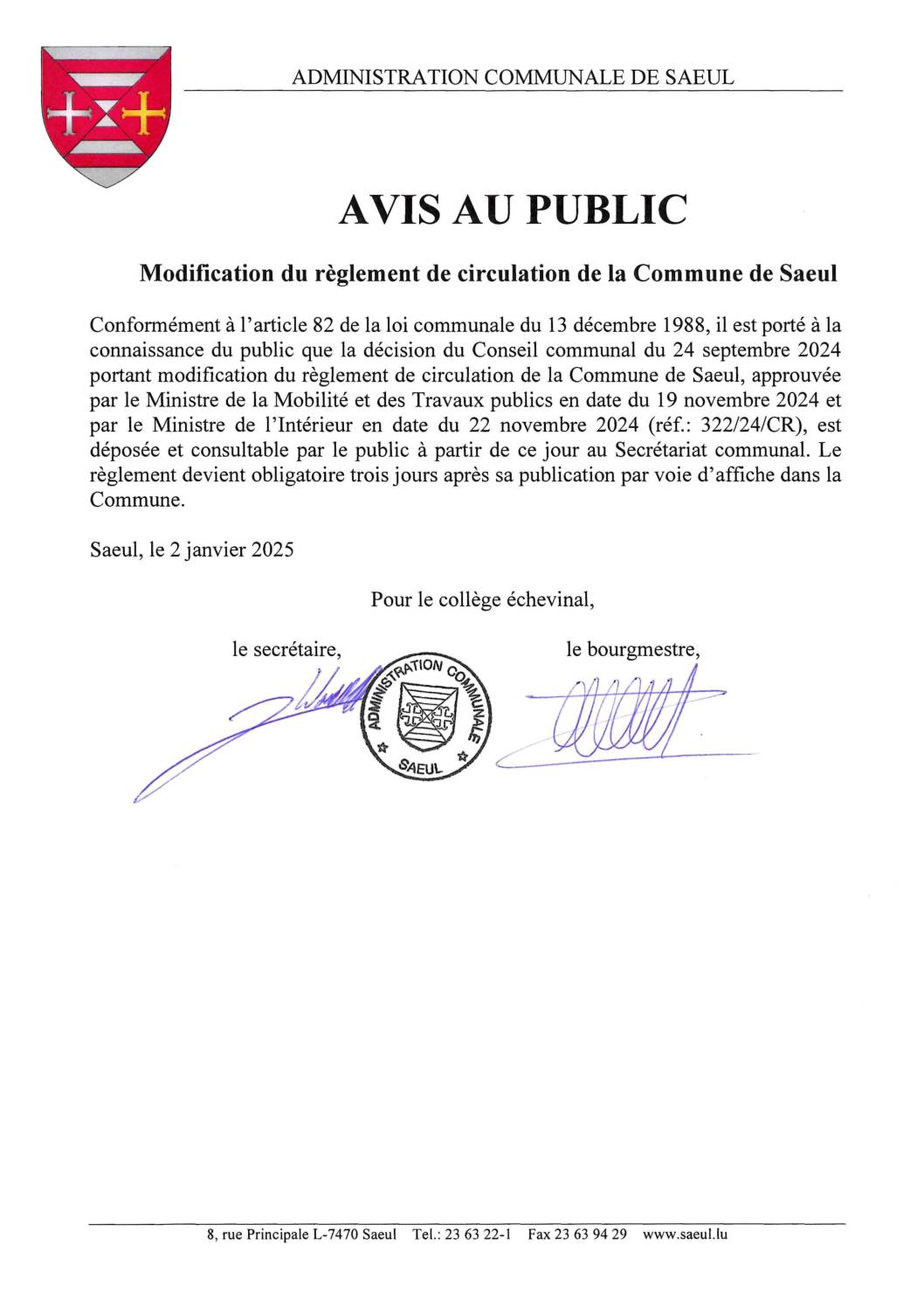 Avis au public | Modification du règlement de circulation de la Commune de Saeul