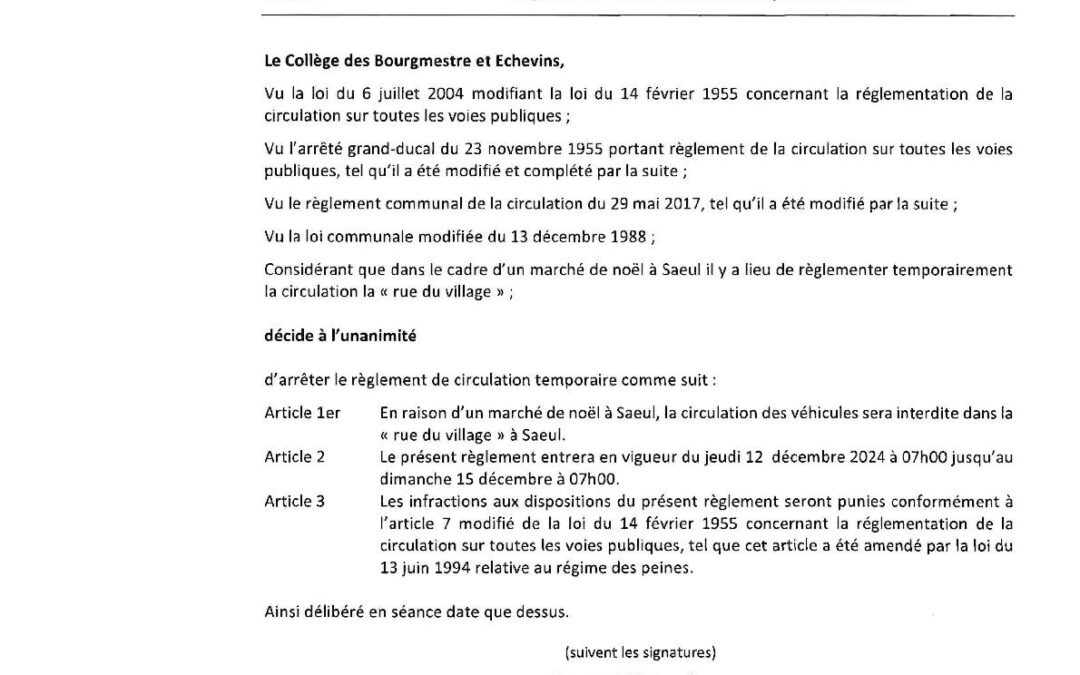 Règlement de circulation temporaire à Saeul