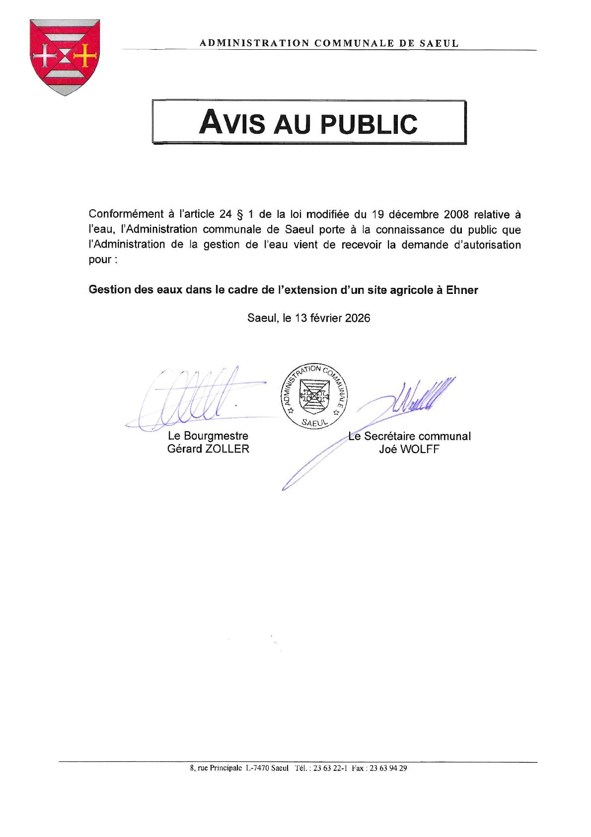 AVIS AU PUBLIC | Gestion des eaux dans le cadre de l'extension d'un site agricole à Ehner