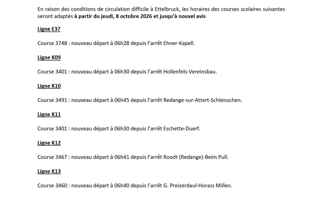 AVIS RGTR | Adaptation des horaires des courses scolaires à cause des chantiers à Ettelbruck
