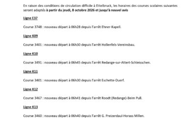 AVIS RGTR | Adaptation des horaires des courses scolaires à cause des chantiers à Ettelbruck