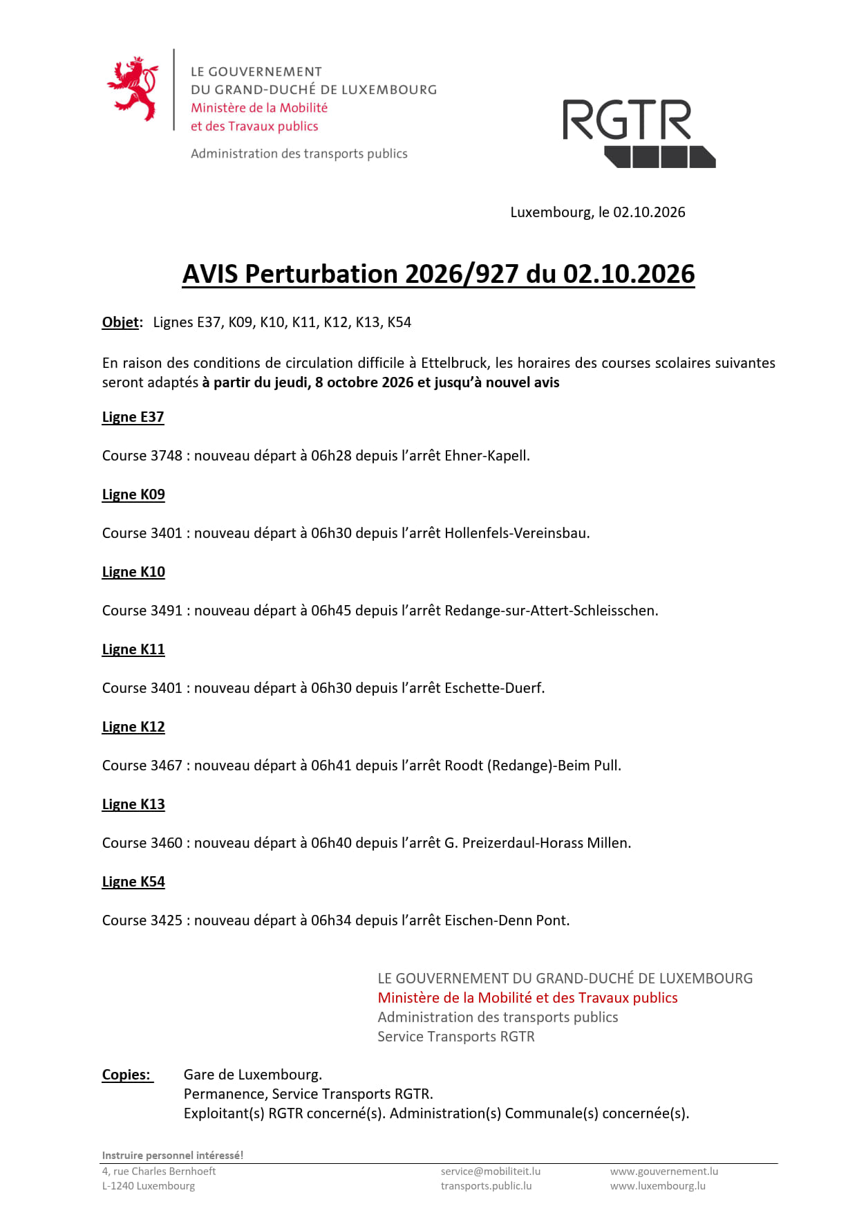 AVIS RGTR | Adaptation des horaires des courses scolaires à cause des chantiers à Ettelbruck