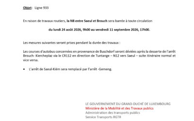 AVIS RGTR | Travaux routiers N8 entre Saeul et Brouch → Route barrée du 24 août 2026 au 11 septembre 2026