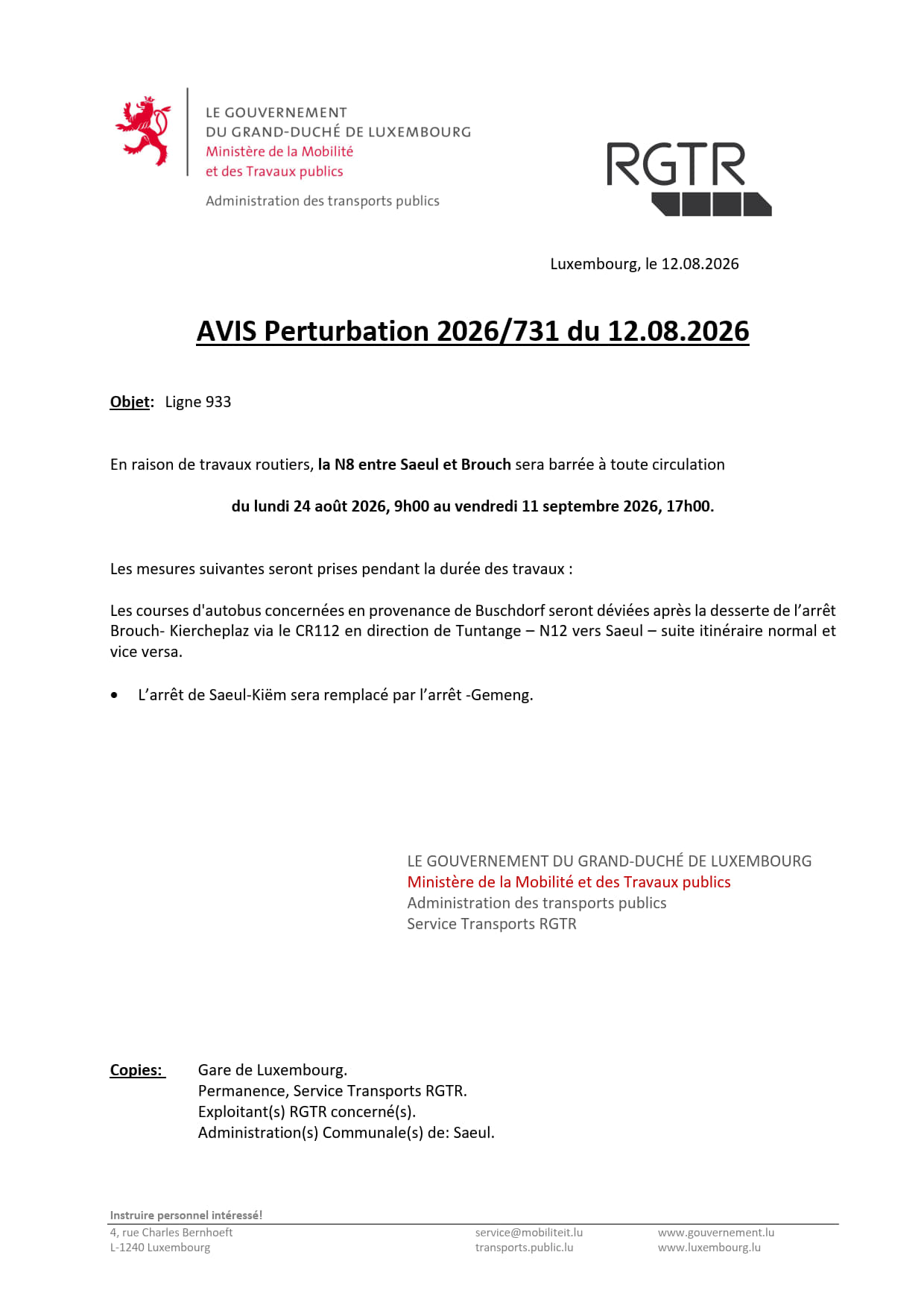 AVIS RGTR | Travaux routiers N8 entre Saeul et Brouch → Route barrée du 24 août 2026 au 11 septembre 2026