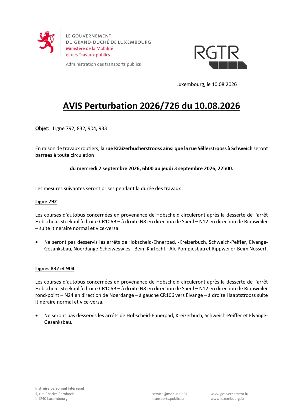 AVIS RGTR | Travaux routiers sur les rues « Kräizerbucherstrooss » et « Sëllerstrooss » à Schweich → Route barrée du 2 septembre 2026 à 6h00 au 3 septembre 2026 à 22h00