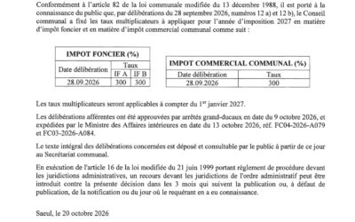 Avis au public | Fixation des taux multiplicateurs à appliquer pour l&rsquo;année d&rsquo;imposition 2027 en matière d&rsquo;impôt commercial communal