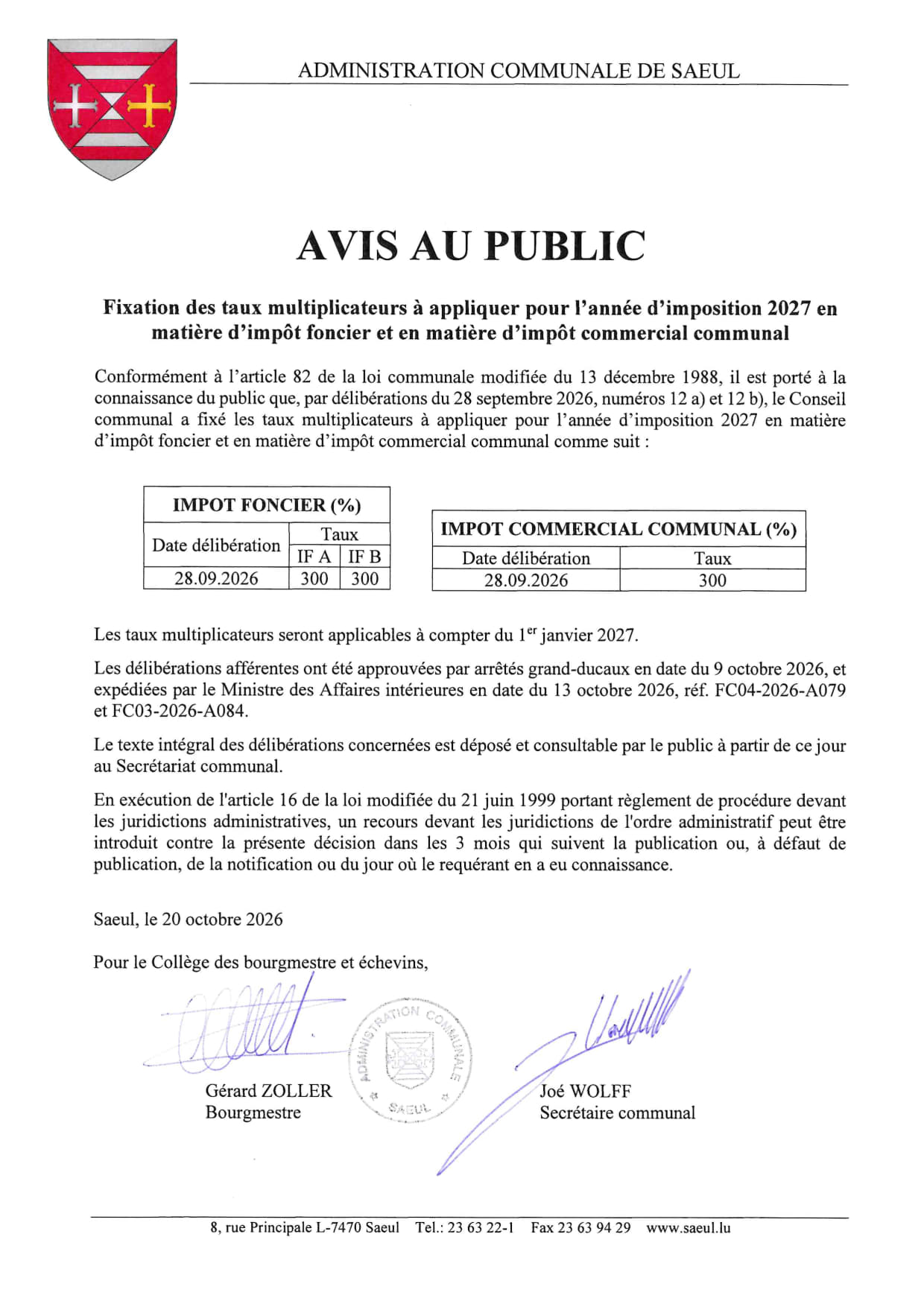 Avis au public | Fixation des taux multiplicateurs à appliquer pour l'année d'imposition 2027 en matière d'impôt commercial communal