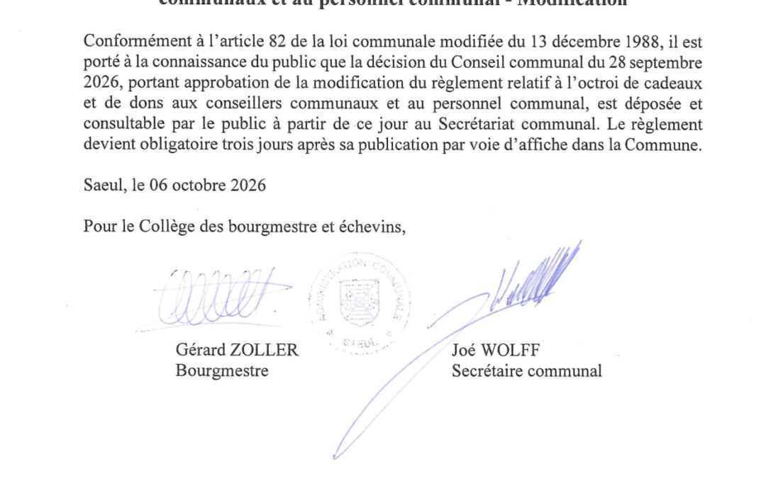 AVIS AU PUBLIC | Règlement relatif à l&rsquo;octroi de cadeaux et de dons aux conseillers communaux et au personnel communal – Modification
