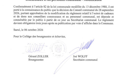 AVIS AU PUBLIC | Règlement relatif à l&rsquo;octroi de cadeaux et de dons aux conseillers communaux et au personnel communal – Modification