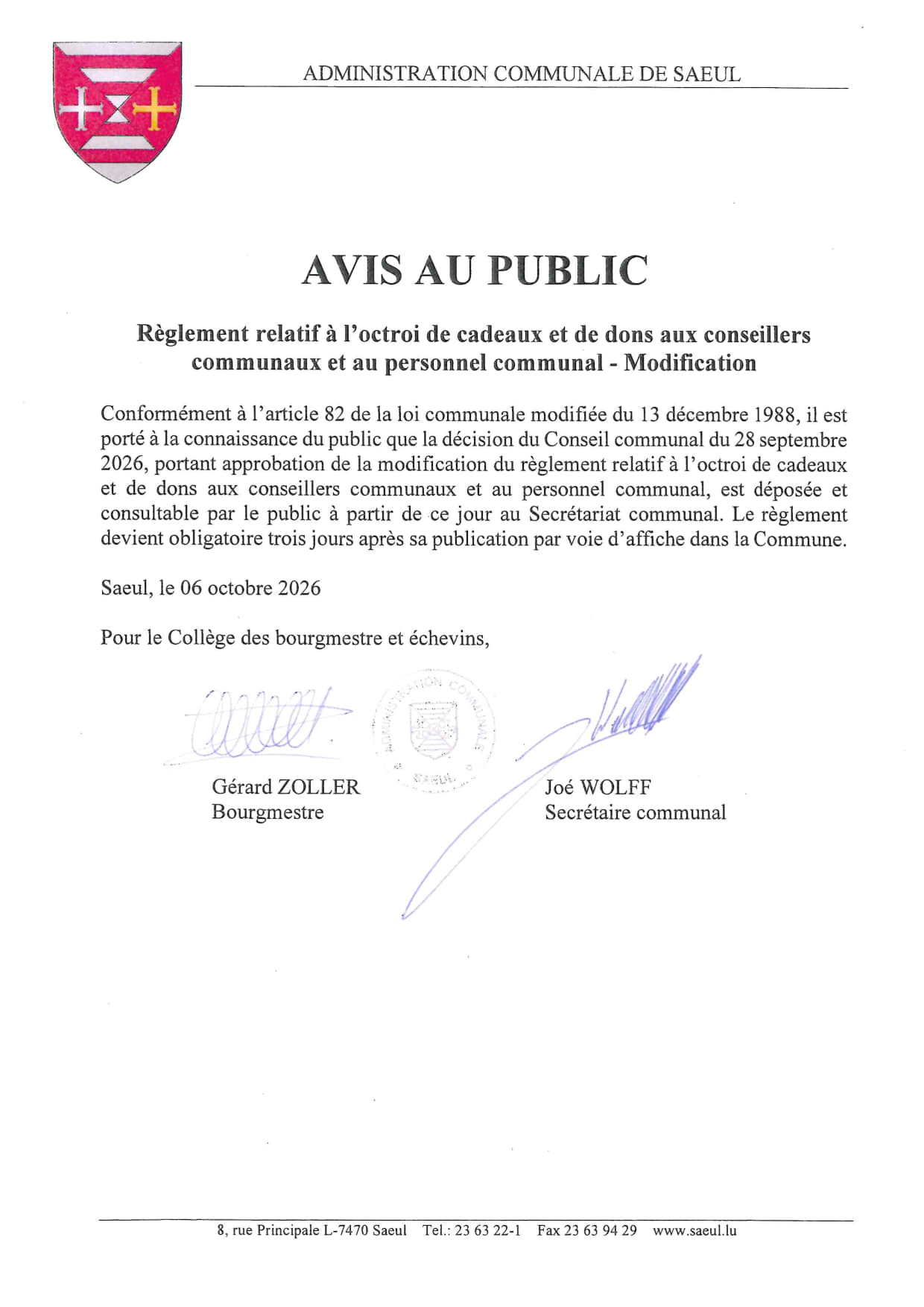 AVIS AU PUBLIC | Règlement relatif à l'octroi de cadeaux et de dons aux conseillers communaux et au personnel communal - Modification