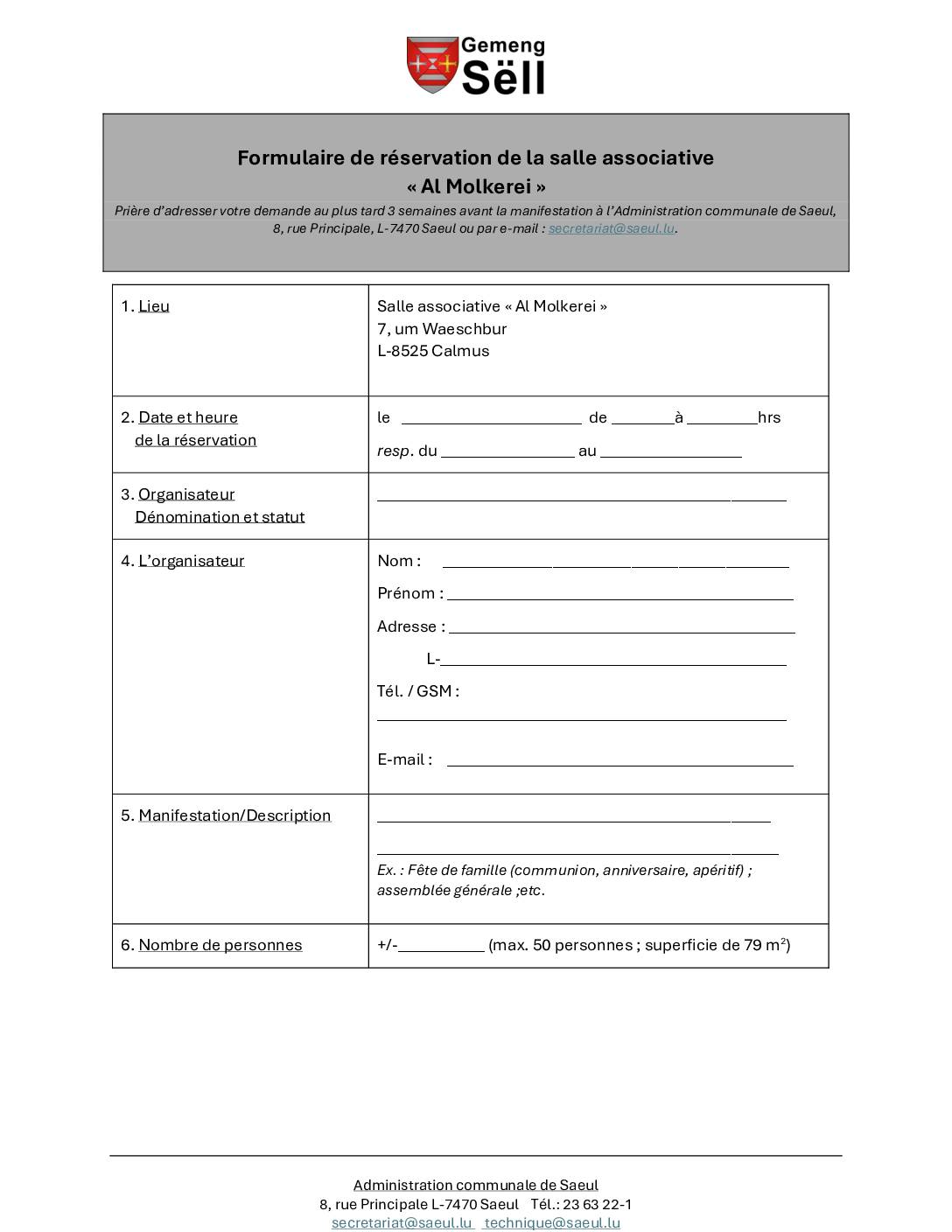 Formulaire de réservation de la salle communale « Al Molkerei »