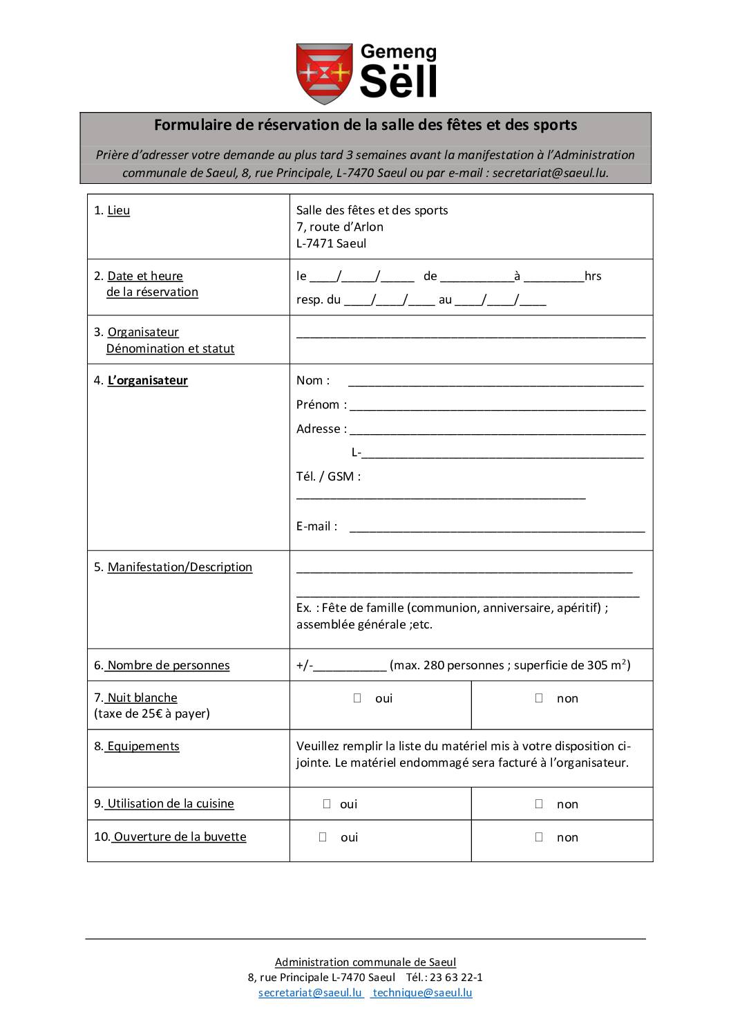 Formulaire de réservation de la salle des fêtes