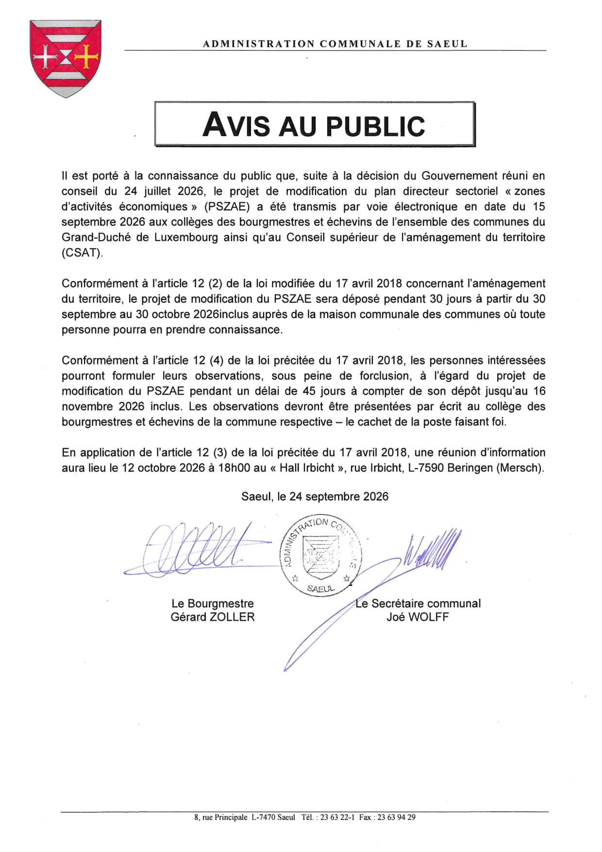 AVIS AU PUBLIC | Modification du plan directeur sectoriel « Zones d'activités économiques » (PSZAE)